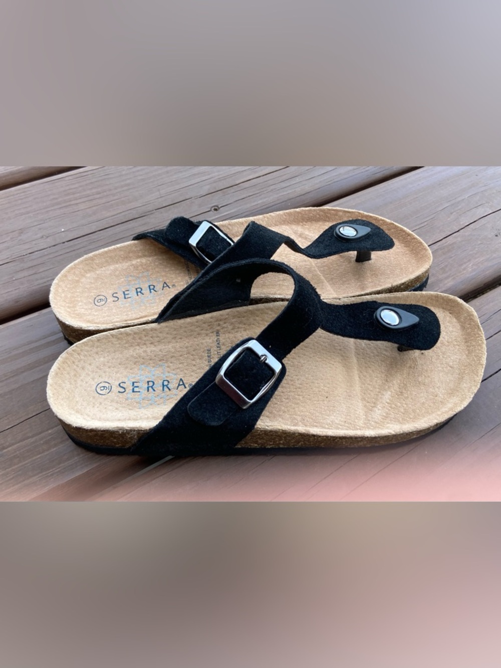 Serra Black Suede Toe-Post Sandals with Silver Buckles - Picture 5 of 9
